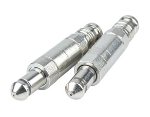 Two metallic connectors on a white background