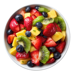 Vibrant fruit salad in a white bowl. A colorful mix of diced mango, kiwi, strawberries, and blueberries