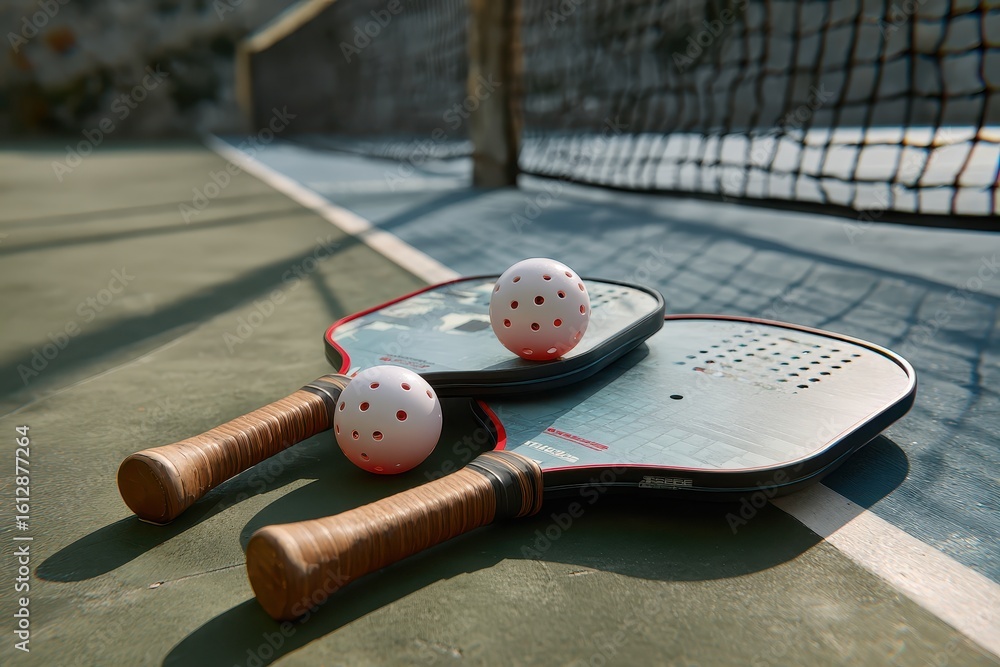 Poster pickleball paddles and balls resting on court surface during a sunny day with net in background read