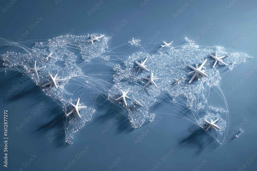 Poster conceptual representation of flying airplanes over a world map showcasing global travel and intercon