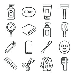 Line art icons of hygiene and grooming products on gray background