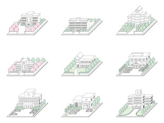建物の立体的なイラスト. 線画.