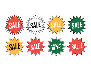 Colorful Sale and Special Offer Stickers Collection for Retail Promotions and Discount Campaigns Featuring Various Shapes and Designs
