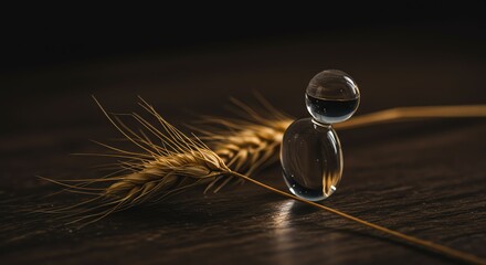 Fototapeta premium Glass Water Drop Balancing on Wheat Spike on Dark Wooden Surface