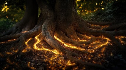 Golden sparks illuminate ancient tree roots.