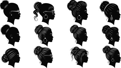 Black woman hairstyle silhouette, elegant female profile, afro bun hair design, beauty fashion illustration, woman side view, vector art set