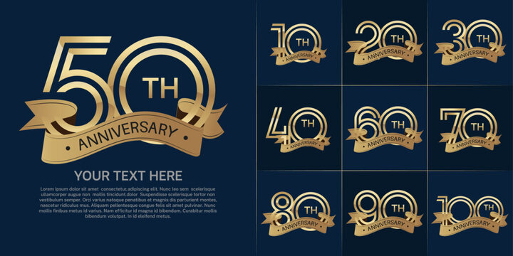 Anniversary logo set with double line number style. golden color with gold ribbon can be use for special moment