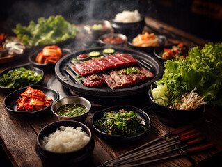 Korean BBQ tabletop with raw marinated beef slices