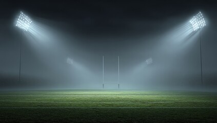 Misty stadium night scene featuring goalposts lit by bright stadium lights. Fog obscures the background