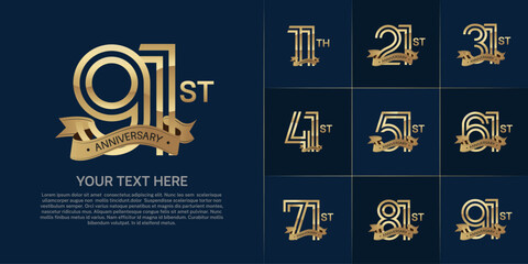 Anniversary logo set with double line number style. golden color with gold ribbon can be use for special moment