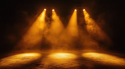 Empty stage, bathed in warm, amber spotlights