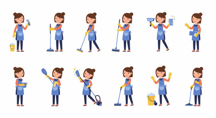 A woman performing various cleaning tasks in the room.