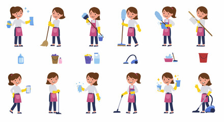 A collection of a woman illustration doing cleaning different object action.