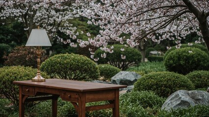Elegant wooden desk and lamp in serene garden with blooming cherry blossoms
