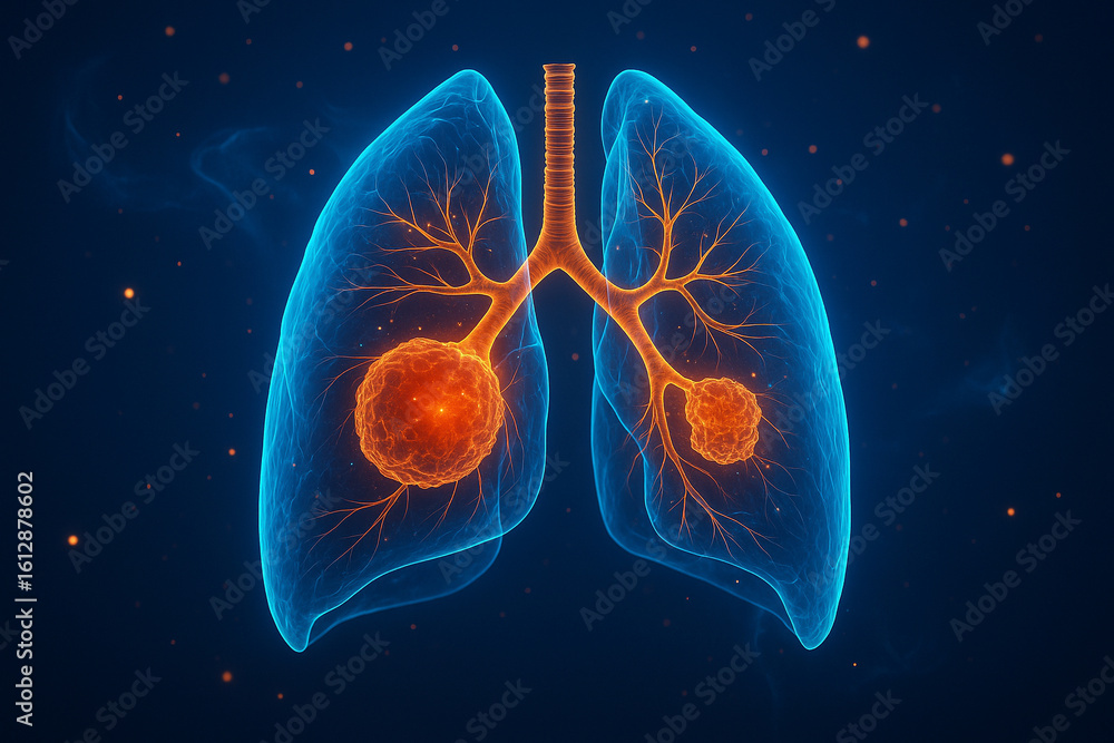 Poster ai generated ultra realistic 3d lung scan in glowing blue and orange tones highlighting abnormal tum