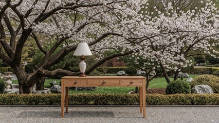 Tranquil garden setting with wooden table and lamp under cherry blossoms