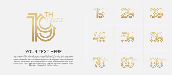 Anniversary logo set with double line number style. golden color with slash can be use for special moment