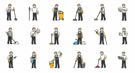 A collection of cleaning personnel, each engaged in various tasks with their tools and equipment. 