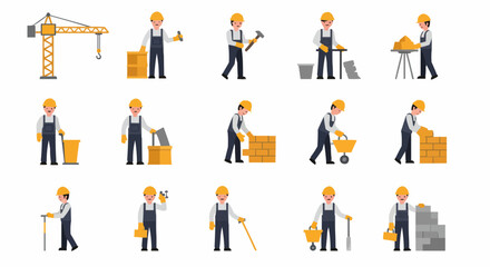 Construction worker in various working positions.