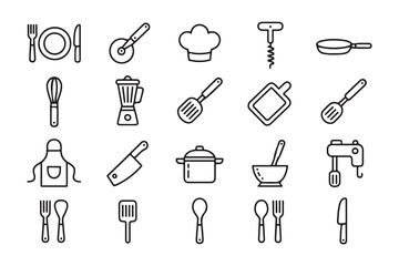 Fototapeta premium Comprehensive Set of Kitchen Utensils and Culinary Tools Outline Icons for Cooking and Baking Enthusiasts Meal Preparation Needs and Restaurant Industry Design