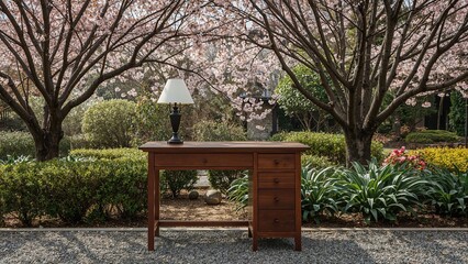 Elegant wooden desk with lamp amidst cherry blossoms in serene garden setting