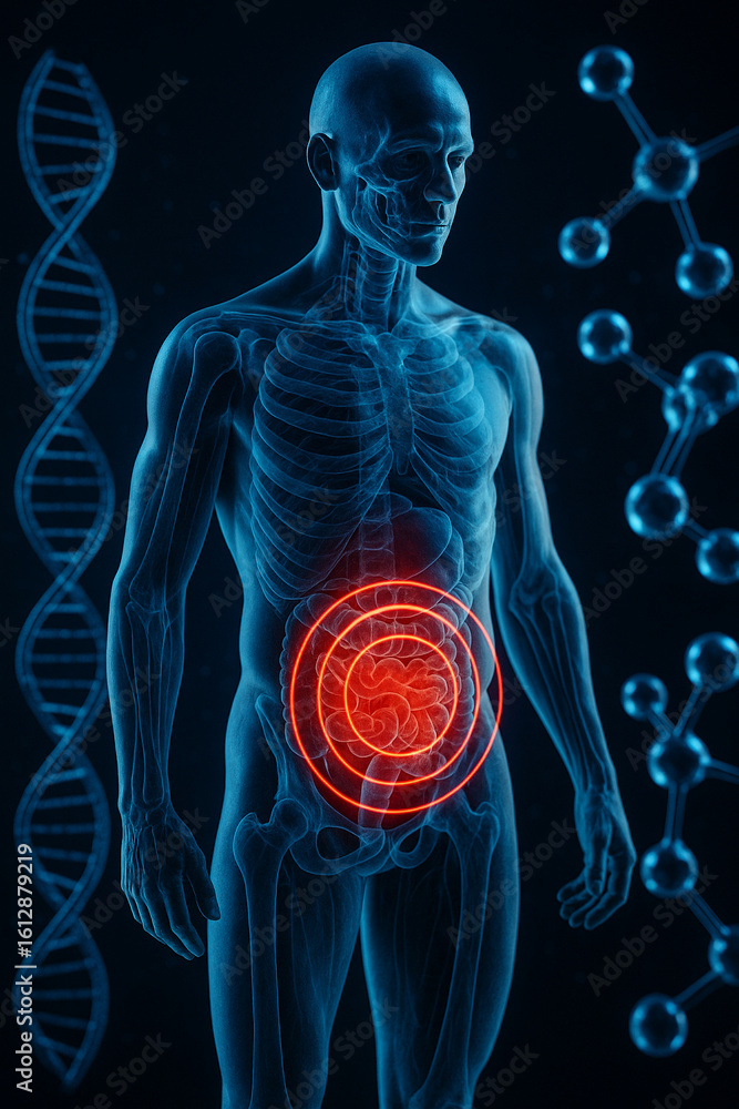 Poster ai generated sci fi medical render showing a glowing red signal in the lower abdomen with dna strand