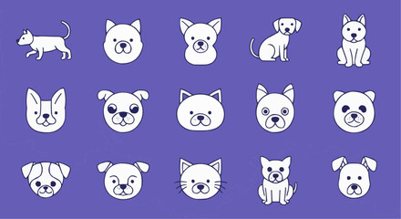A set of various dog cartoons, each representing different breeds, placed on a purple background.