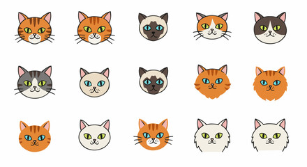 A collection of cartoon cat faces, showcasing different breeds and expressions.