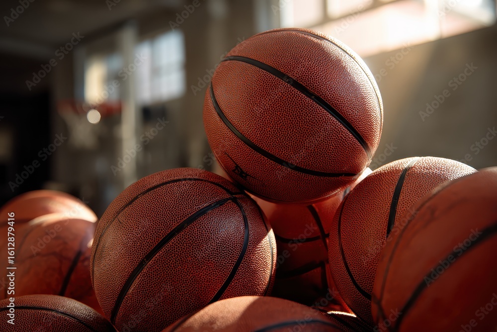 Poster stacked basketballs create a dynamic display in a sports facility showcasing the essence of teamwork