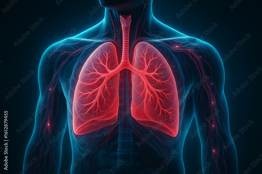 Poster ai generated ultra realistic 3d rendering of human chest showing glowing lungs and trachea with illu