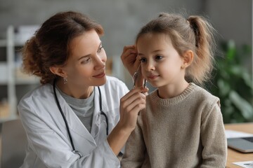 Doctor performing hearing screening on child in a clinical setting focused on early detection and health care