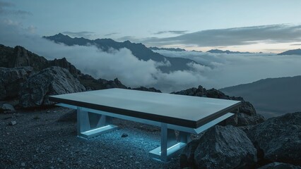 Futuristic table on mountain overlook with led lights and cloudy sky horizon