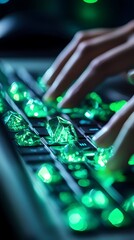 Glowing Green Crystal Keyboard Keys with Tech-Inspired Emerald Design, Macro Shot of Transparent Emerald Keyboard with Green LED Illumination, fantasy design and futuristic technology with blurred