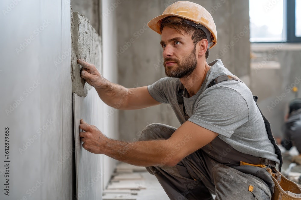 Poster construction worker installing large ceramic tiles in a modern building during daylight hours for on