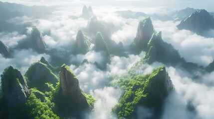 Misty Mountain Peaks: Verdant Cliffs Emerging from a Sea of Clouds