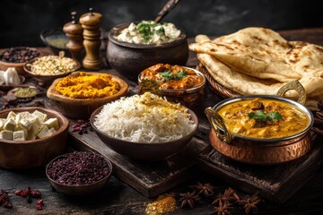 Delicious assorted Indian dishes served for lunch or dinner featuring rice, lentils, naan, and a variety of flavorful curries with vibrant spices