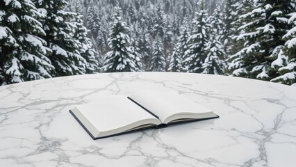 Open book on marble table with snowy forest backdrop: embracing winter's serenity and creativity