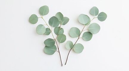 Two sprigs of eucalyptus leaves on a white background