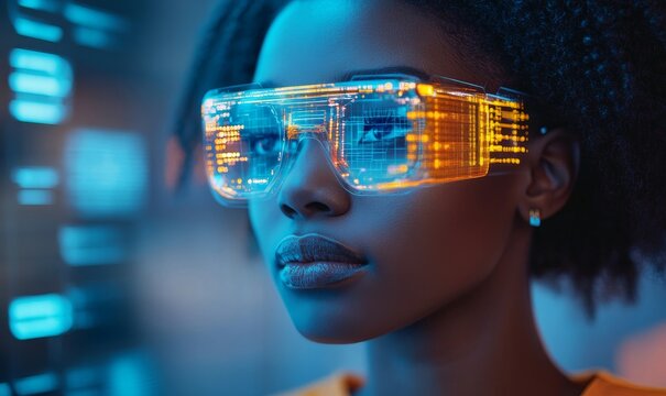 AI cybersecurity threat concept, with a female African American IT specialist analysing holographic data and coding in blue and orange colours. The augmented reality, AI cybersecurity, Generative AI