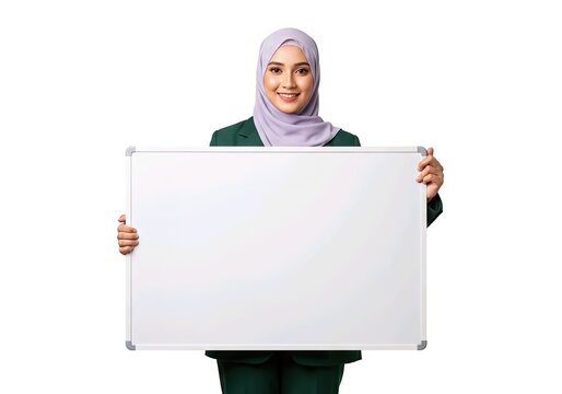 accountant hijab female holding and pointing white blank board, big empty placard, white papper card, isolated on white background