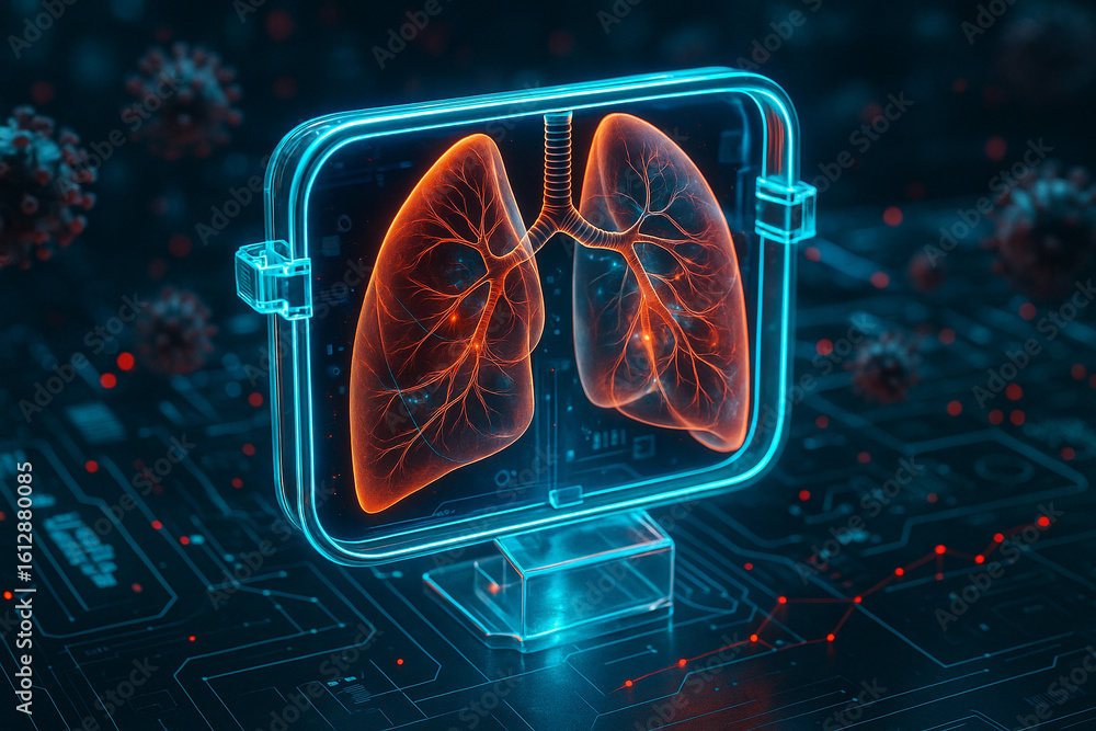 Poster ai generated hyper realistic rendering of glowing human lungs inside a medical glass box surrounded 