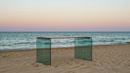 Minimalist glass table on tranquil beach at sunset with ocean horizon