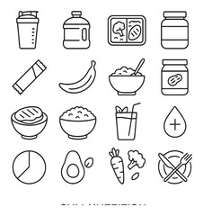 Line art icons of healthy food and nutrition items including blender, water bottle, and vegetables