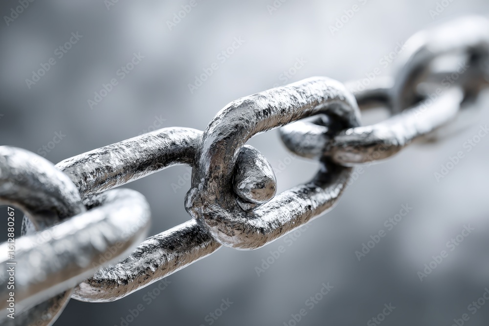 Poster exploring the concept of diagonal chain link in blockchain technology through a closeup view of a me