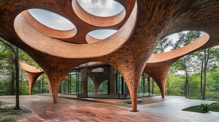 Unique brick pavilion with organic curves and circular openings, nestled amongst trees