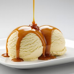 Two scoops of vanilla ice cream drizzled with rich caramel sauce