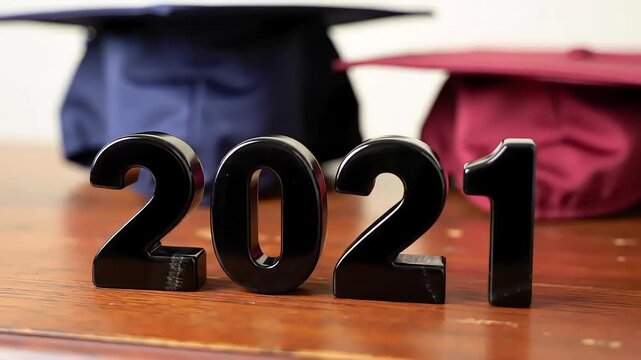 Black 2021 numerals sit on a wooden in front of a blurred graduation cap and gown, symbolizing the year's graduating class. - Powered by Adobe