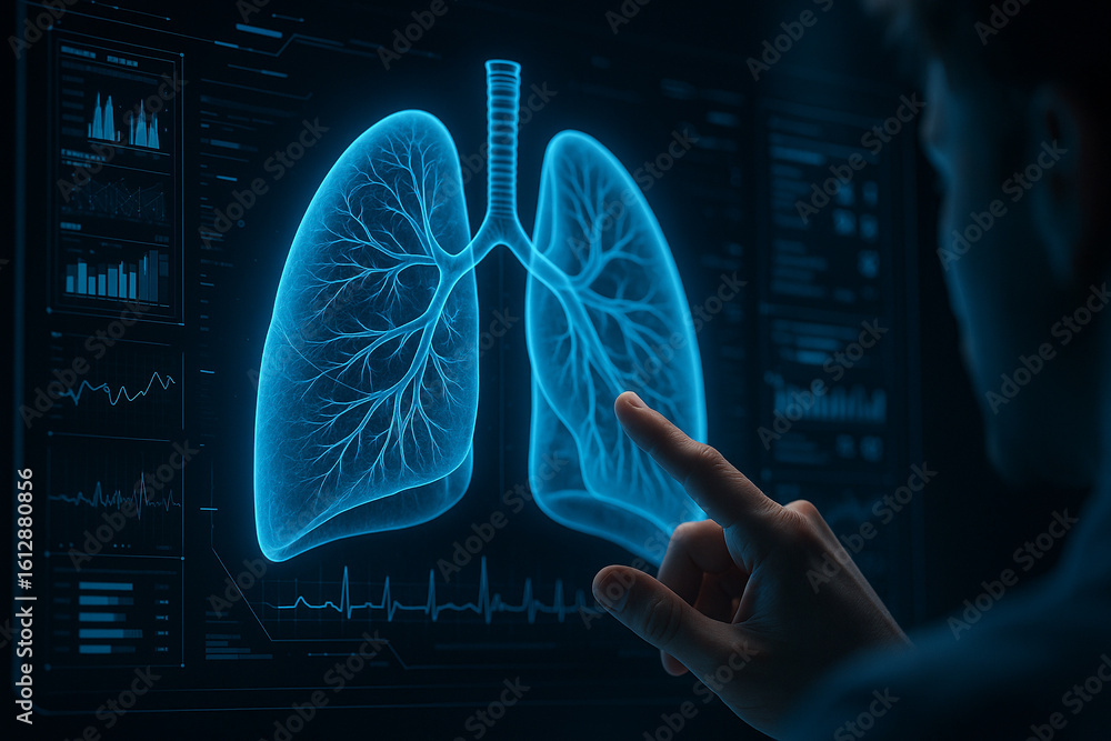 Poster ai generated digital lungs interface with glowing neon details showing human interaction in futurist