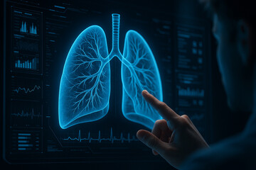 AI generated digital lungs interface with glowing neon details showing human interaction in futuristic diagnostic system designed for advanced medical analysis