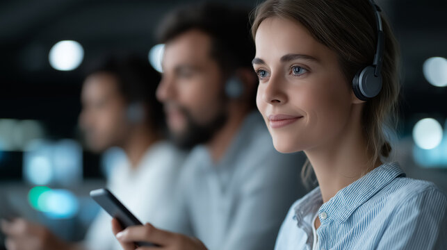 Conceptual scene of connected customer experience with diverse individuals using smartphones and apps, supported by headset agents and feedback overlays amid glowing tech elements, customer service